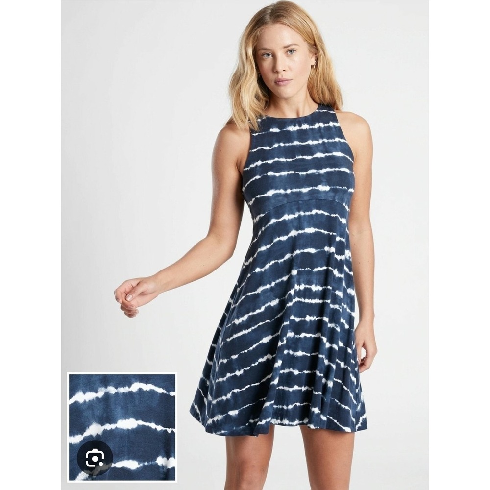 Athleta Santorini Thera Printed Tshirt Dress Navy Blue Sz XS‎ #531167 O0505